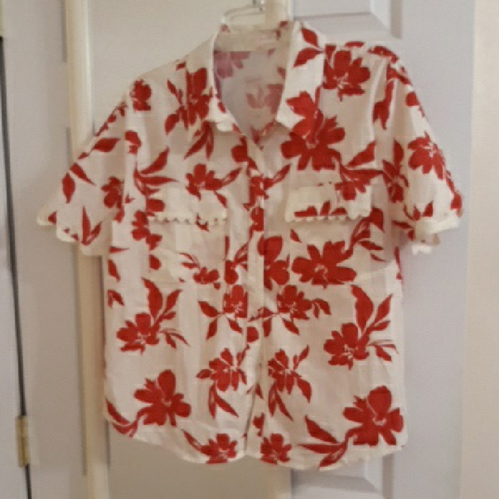 Flying Tomato White Button-Down Shirt with Red Floral Print With Matching Short